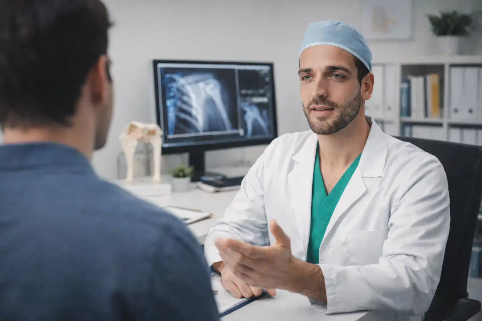Dottore Michel Cal, chirurgo ortopedico, parlando con un paziente